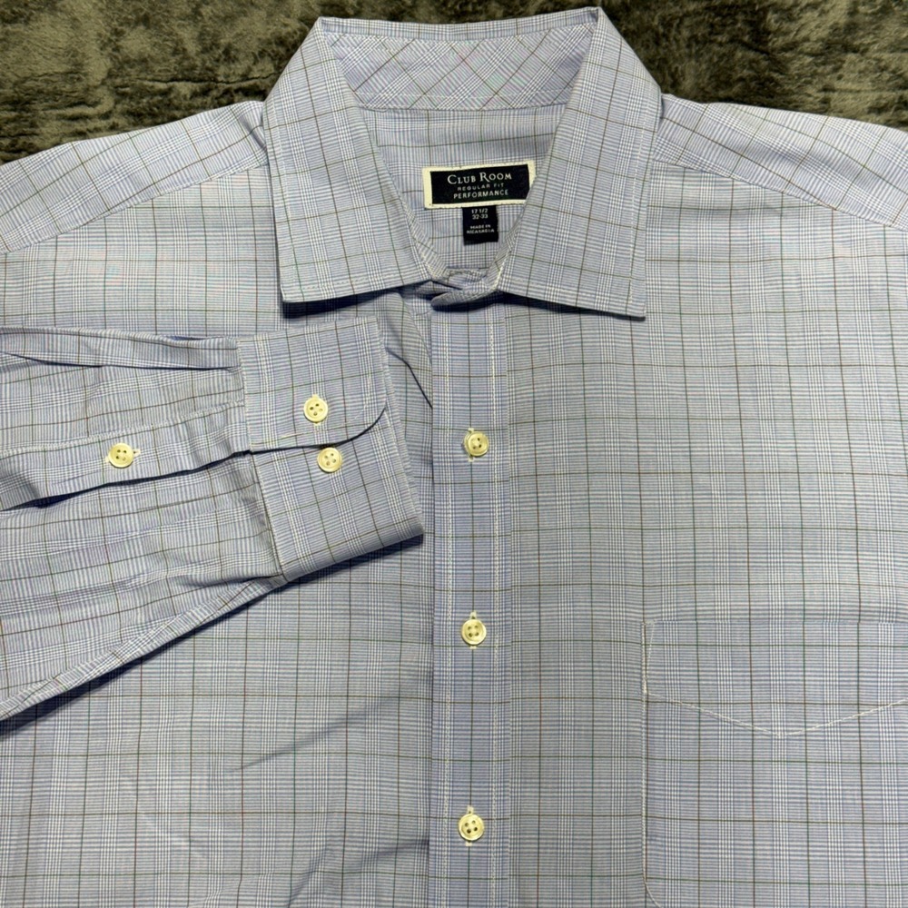Club‎ Room Dress Shirt Mens 17.5 32/33 Blue Plaid
